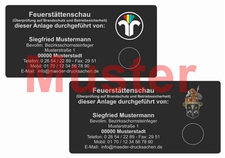 Haftetiketten "Feuerstättenschau", mit farbigem Logo,