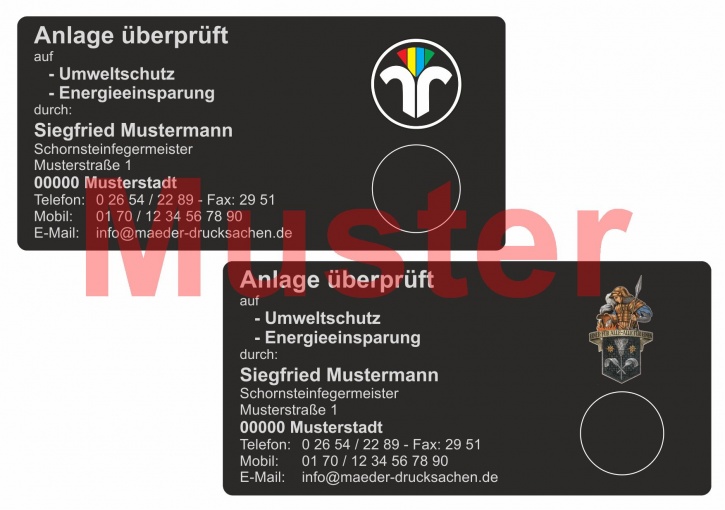 Haftetiketten "Anlage überprüft", farbiges Logo, PET Folie schwarz