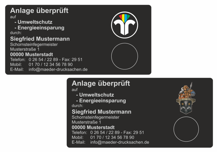 Haftetiketten "Anlage überprüft", farbiges Logo, PET Folie schwarz