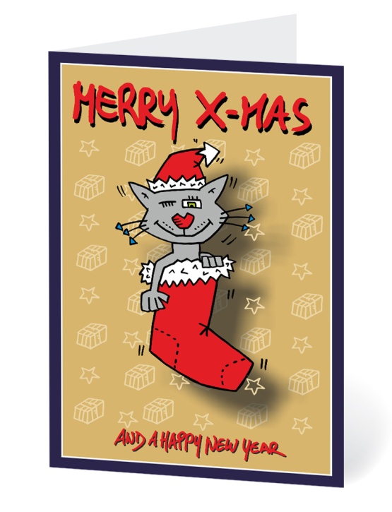 Weihnachtskarte "Katze in Socke" - gelber Hintergrund