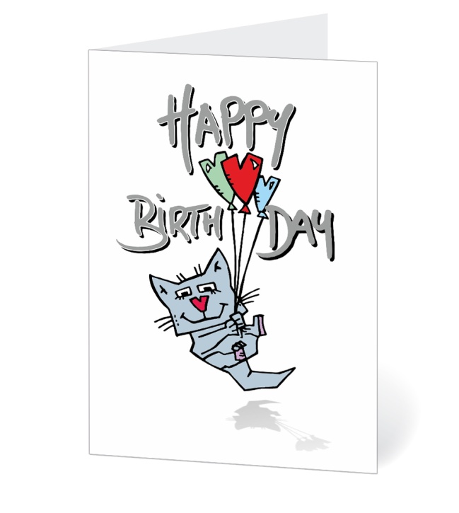 Geburtstagskarte "Katze mit Luftballons" - weißer Hintergrund