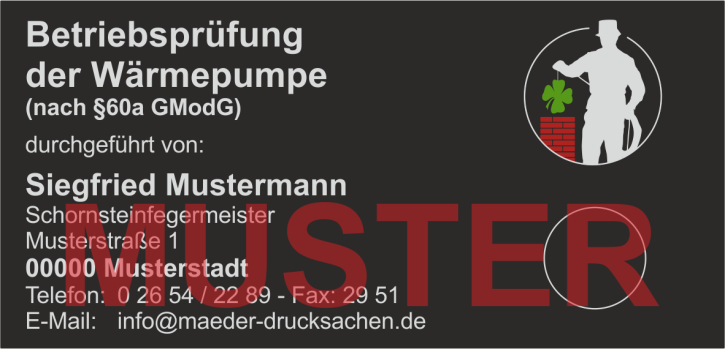 Haftetiketten "Betriebsprüfung Wärmepumpe" mit eigenem, farbigen Logo, PET Folie schwarz Haftetiketten "Betriebsprüfung Wärmepumpe" mit eigenem, farbigen Logo, PET Folie schwarz