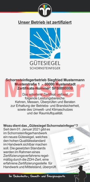 Kompakt-Flyer "Gütesiegel Schornsteinfeger", mit Firmeneindruck
