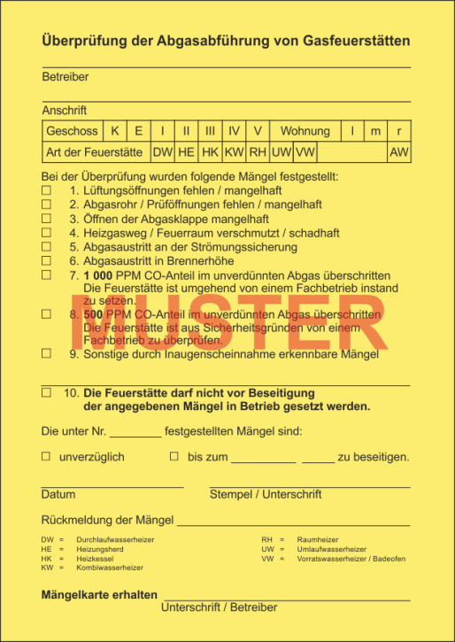 Postkarten, "Mängel / Abgasführung", 3-fach