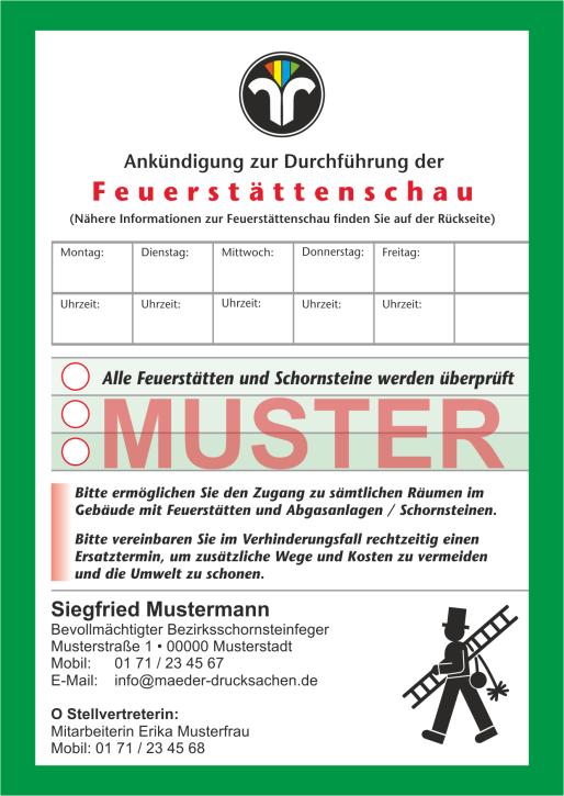 AZ "Feuerstättenschau" - DIN A6, ZIV-Logo, mit Rückseitendruck, ohne Streifengummierung, mit Firmeneindruck