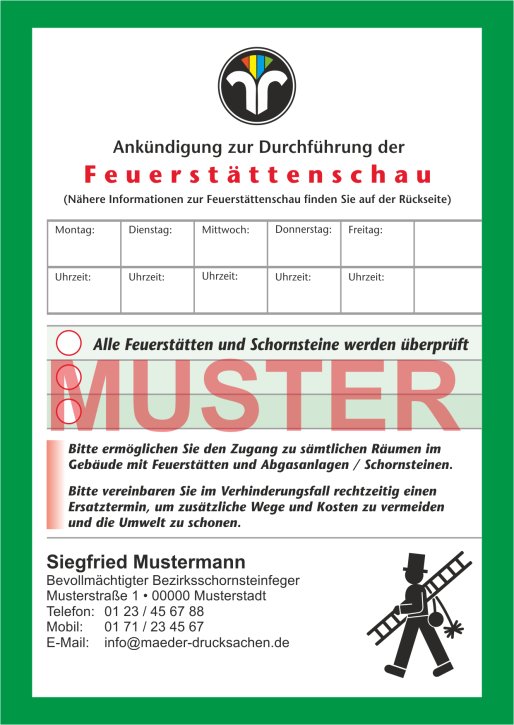AZ "Feuerstättenschau" - DIN A6, ZIV-Logo, mit Rückseitendruck, ohne Streifengummierung, mit Firmeneindruck
