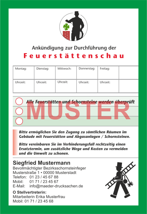AZ "Feuerstättenschau" - DIN A5, individuelles Motiv, ohne Streifengummierung, mit Firmeneindruck