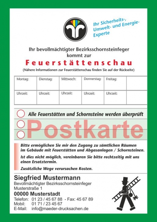 Ansagezettel als Postkarte, Feuerstättenschau, DIN A5, ZIV-Logo, Schornsteinfeger