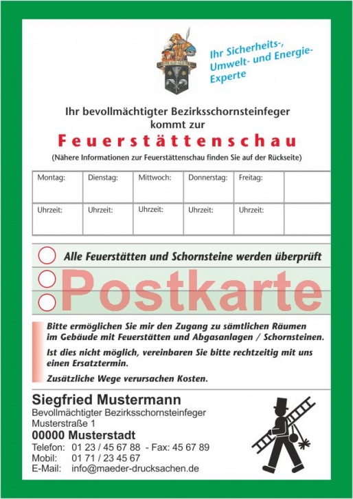 Ansagezettel als Postkarte, Feuerstättenschau, Florian, Schornsteinfeger
