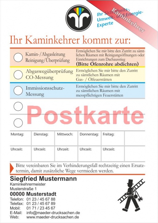 Ansagezettel als Postkarte, ZIV-Logo, Kaminkehrer