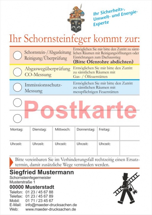 Ansagezettel als Postkarte, Florian, DIN A5, Schornsteinfeger