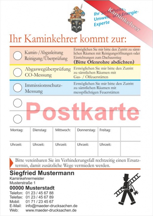 Ansagezettel als Postkarte, Florian, Kaminkehrer