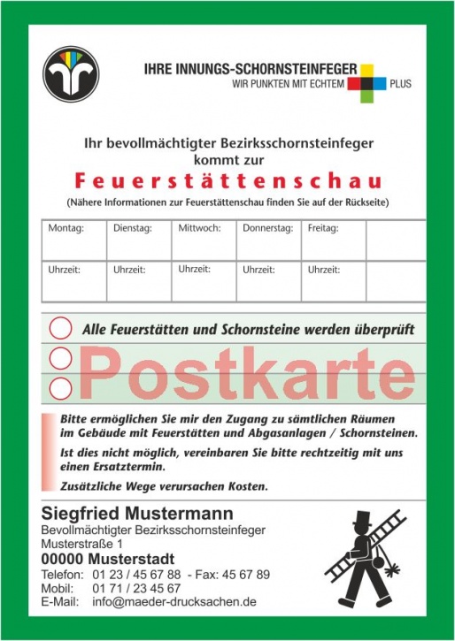 Ansagezettel als Postkarte, Feuerstättenschau, DIN A5, Innungs-Schornsteinfeger, Schornsteinfeger