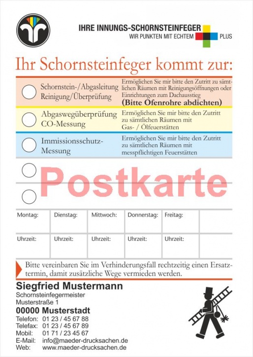 Ansagezettel als Postkarte, Innungs-Schornsteinfeger, DIN A5, Schornsteinfeger