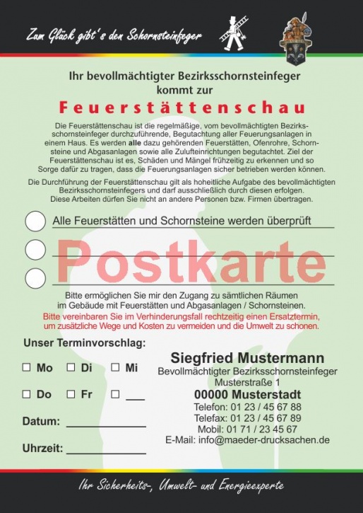 Ansagezettel als Postkarte, "Zum Glück...", Feuerstättenschau, DIN A5 Florian, Schornsteinfeger