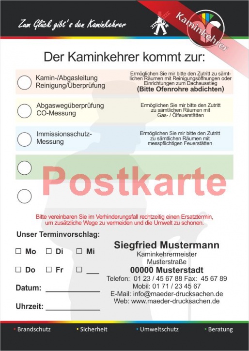 Ansagezettel als Postkarte, "Zum Glück..:" ZIV-Logo, Kaminkehrer