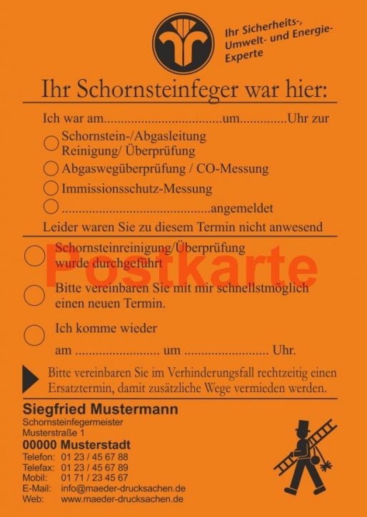Ansagezettel als Postkarte, "Der Schornsteinfeger war hier ..." - Orange