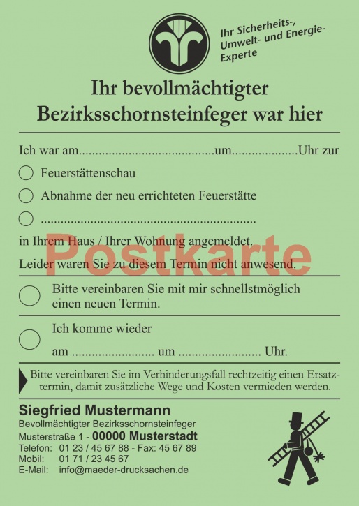 Ansagezettel als Postkarte, "Der Schornsteinfeger war hier ..." - DIN A6 - Grün
