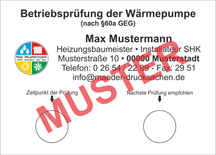 Haftetiketten "Betriebsprüfung Wärmepumpe / nächste Prüfung", Farbdruck, Eigenes Logo, PET Folie weiß