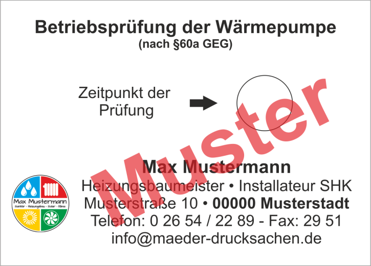 Haftetiketten "Betriebsprüfung Wärmepumpe", Eigenes Logo, Farbdruck, PET Folie weiß