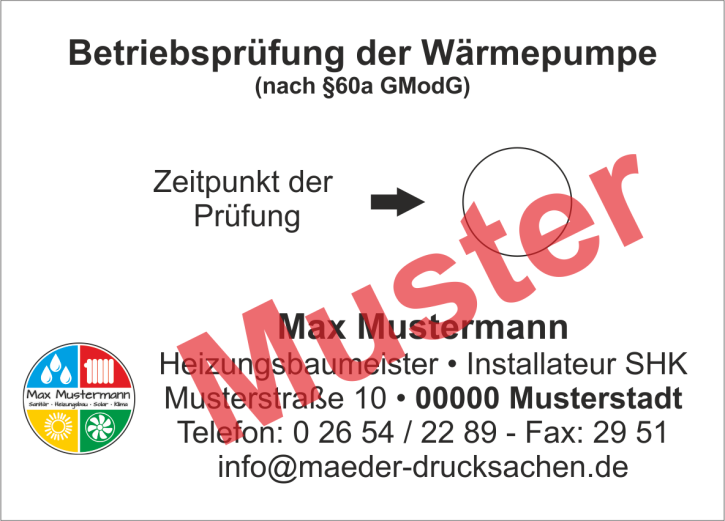 Haftetiketten "Betriebsprüfung Wärmepumpe", Eigenes Logo, Farbdruck, PET Folie weiß Haftetiketten "Betriebsprüfung Wärmepumpe", Eigenes Logo, Farbdruck, PET Folie weiß