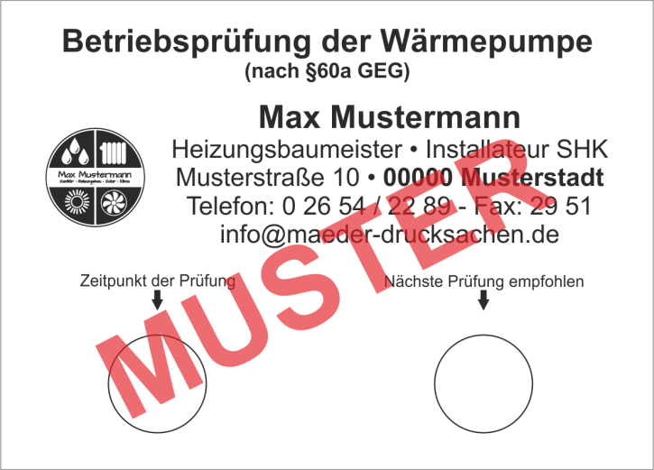 Haftetiketten "Betriebsprüfung Wärmepumpe / nächste Prüfung", Schwarzdruck, Eigenes Logo, PET Folie weiß