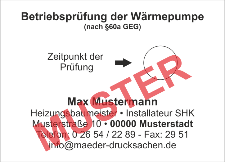 Haftetiketten "Betriebsprüfung Wärmepumpe", Eigenes Logo, Schwarzdruck, PET Folie weiß