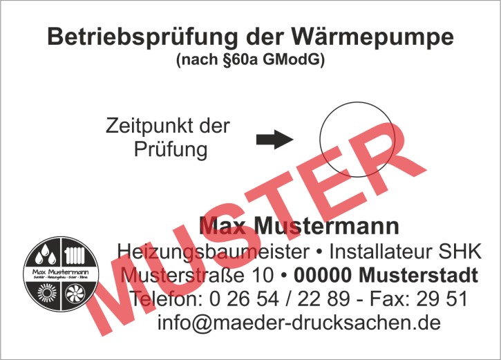 Haftetiketten "Betriebsprüfung Wärmepumpe", eigenes Logo, Schwarzdruck, PET Folie weiß Haftetiketten "Betriebsprüfung Wärmepumpe", eigenes Logo, Schwarzdruck, PET Folie weiß