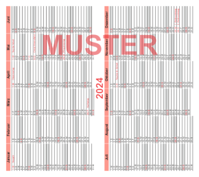 Jahreskalender "2024", Tabellenkalendarium, mit Firmeneindruck