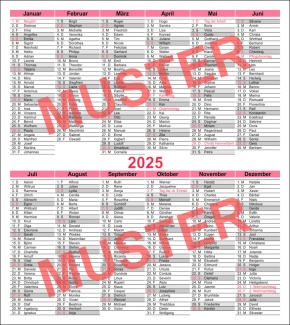 Namenstagkalender "2025", ohne Firmeneindruck