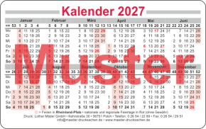 Kalender "2027" im Scheckkartenformat, Standardmotiv