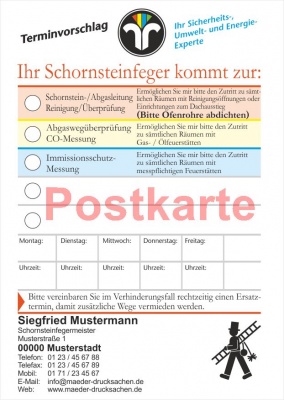 Ansagezettel als Postkarte, ZIV-Logo, DIN A5, Schornsteinfeger