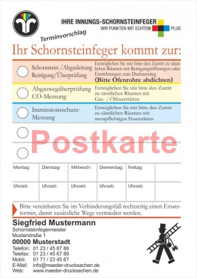 Ansagezettel als Postkarte, Innungs-Schornsteinfeger, DIN A5, Schornsteinfeger
