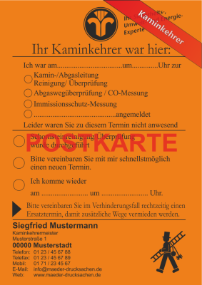 Ansagezettel als Postkarte, "Der Schornsteinfeger war hier ...", DIN A5, - Orange