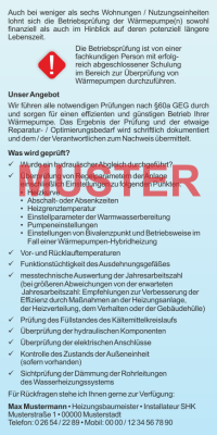 Kompakt-Flyer "Betriebsprüfung Wärmepumpen", mit Firmeneindruck